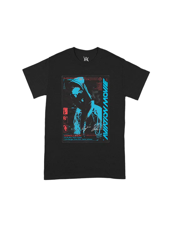 Alan Walker Aviation Movie Conclusion Tee featuring a vibrant blue and red movie poster print on black fabric.