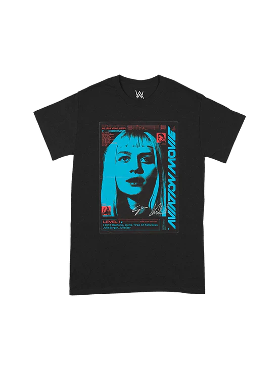 Alan Walker Aviation Movie Level 1 Tee with the cyan and red portrait movie poster print.
