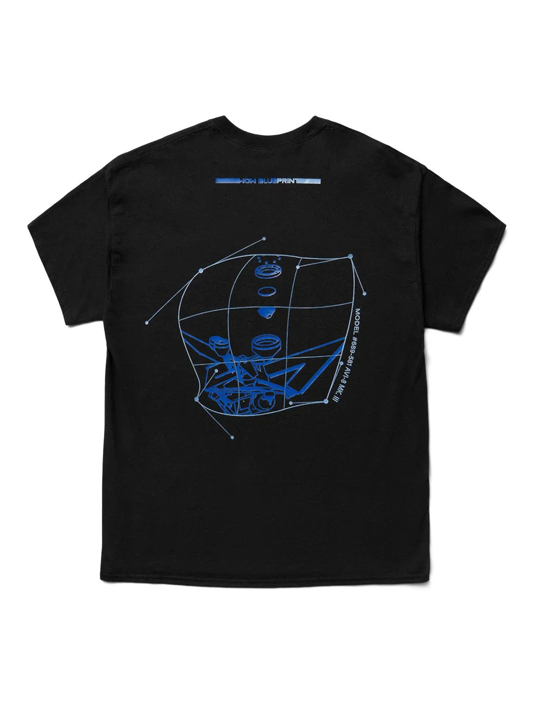 Rear view of the Alan Walker Blueprint T-Shirt featuring a large blue technical blueprint graphic, with the text 'AW/AW BLUEPRINT' on the upper back, set against a black background.