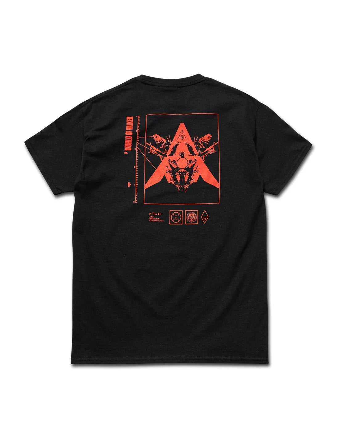 Back view of a black AVI-8 t-shirt with a large red graphic of an emblematic Alan Walker design, alongside other symbolic icons near the hem, against a white background.