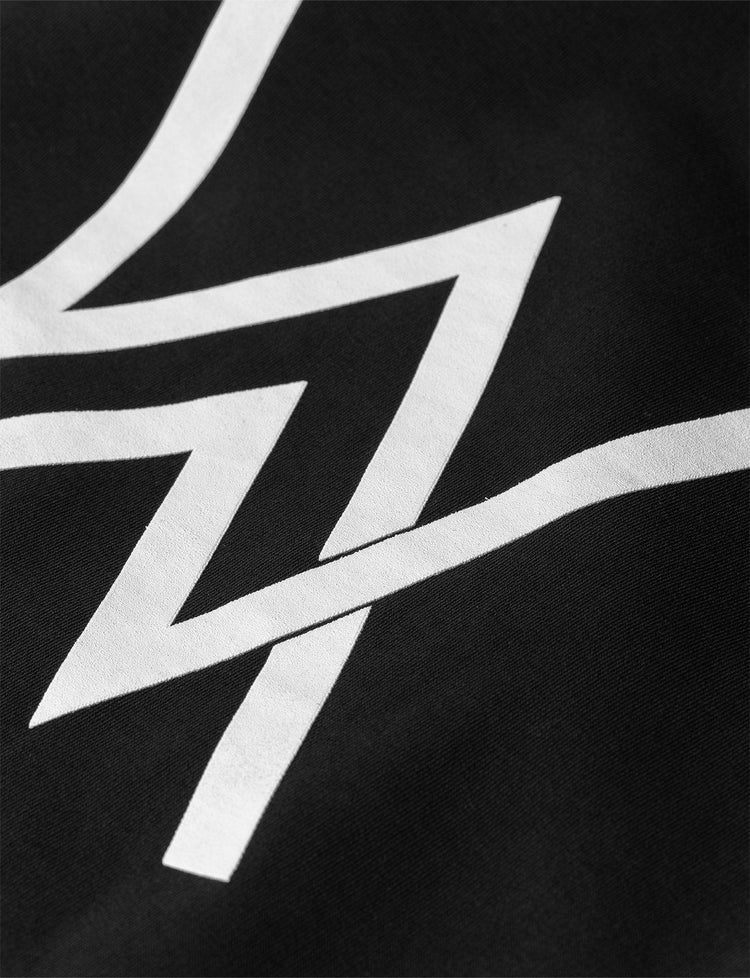 Zoomed-in detail of the Alan Walker Core Logo Hoodie's back, highlighting the large white 'AW' logo graphic, contrasting sharply against the black material of the hoodie.