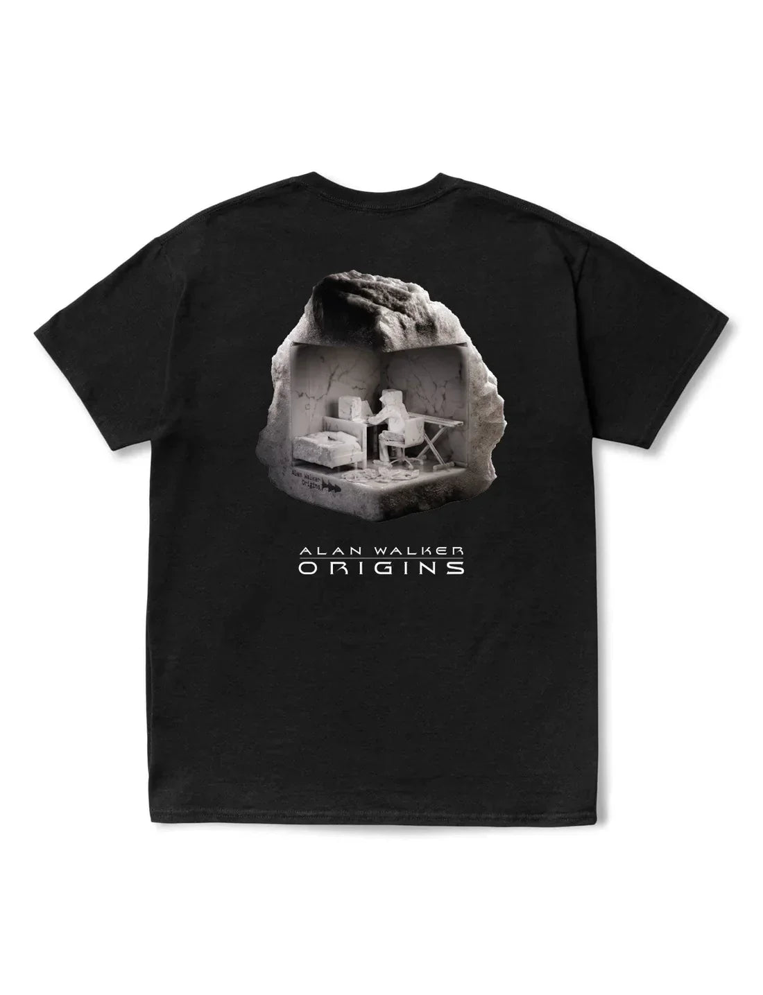 Back view of the Alan Walker Origins Tee showcasing a monochrome print of a rocky outcrop with a figure seated inside, above the bold 'ALAN WALKER ORIGINS' title on a black background.