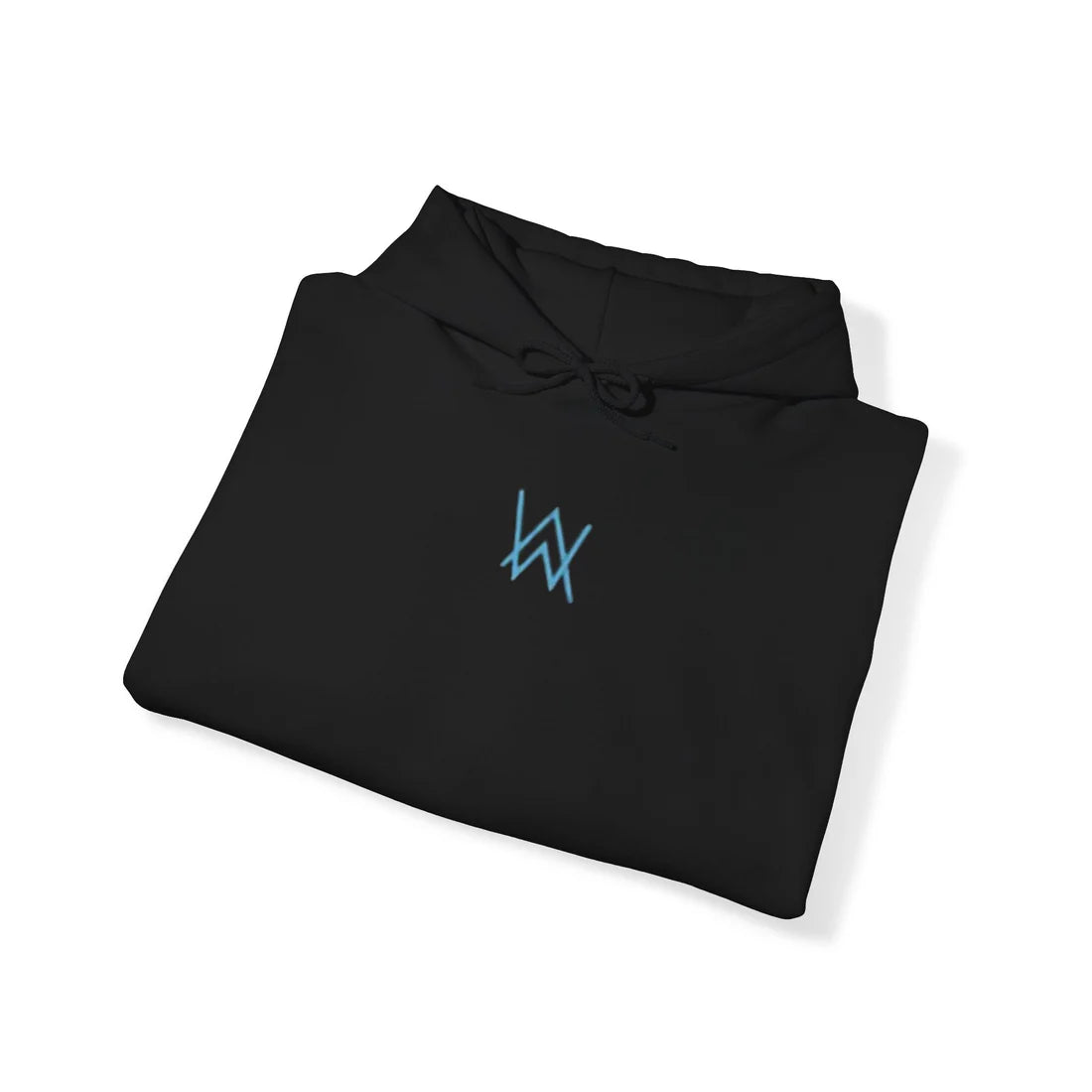Folded black Alan Walker Sorry Song Hoodie highlighting the subtle blue logo, ready for shipment or display.
