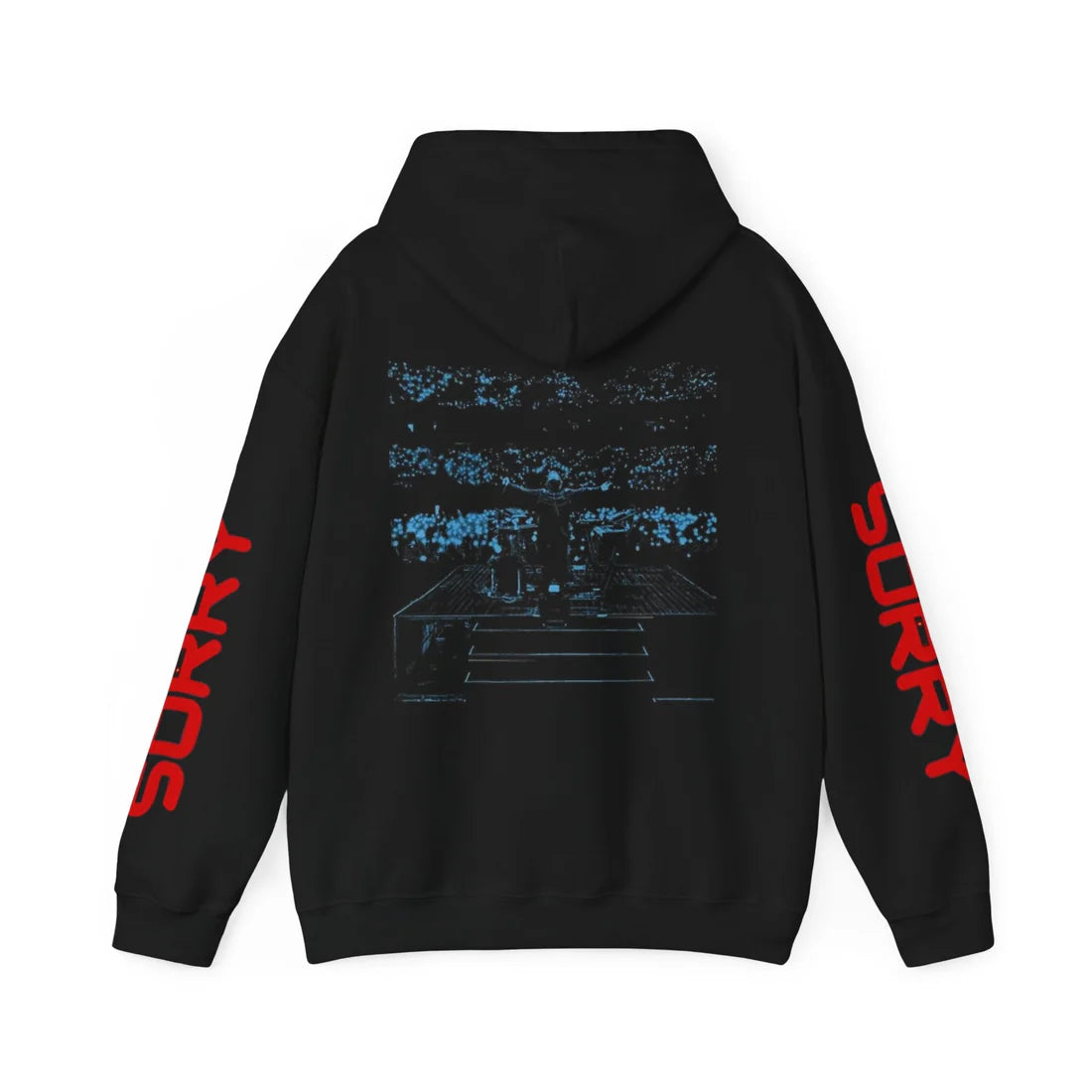 Alan Walker Sorry Song Hoodie seen from behind with the word 'SORRY' repeated in red down the sleeves, capturing the theme of the song.