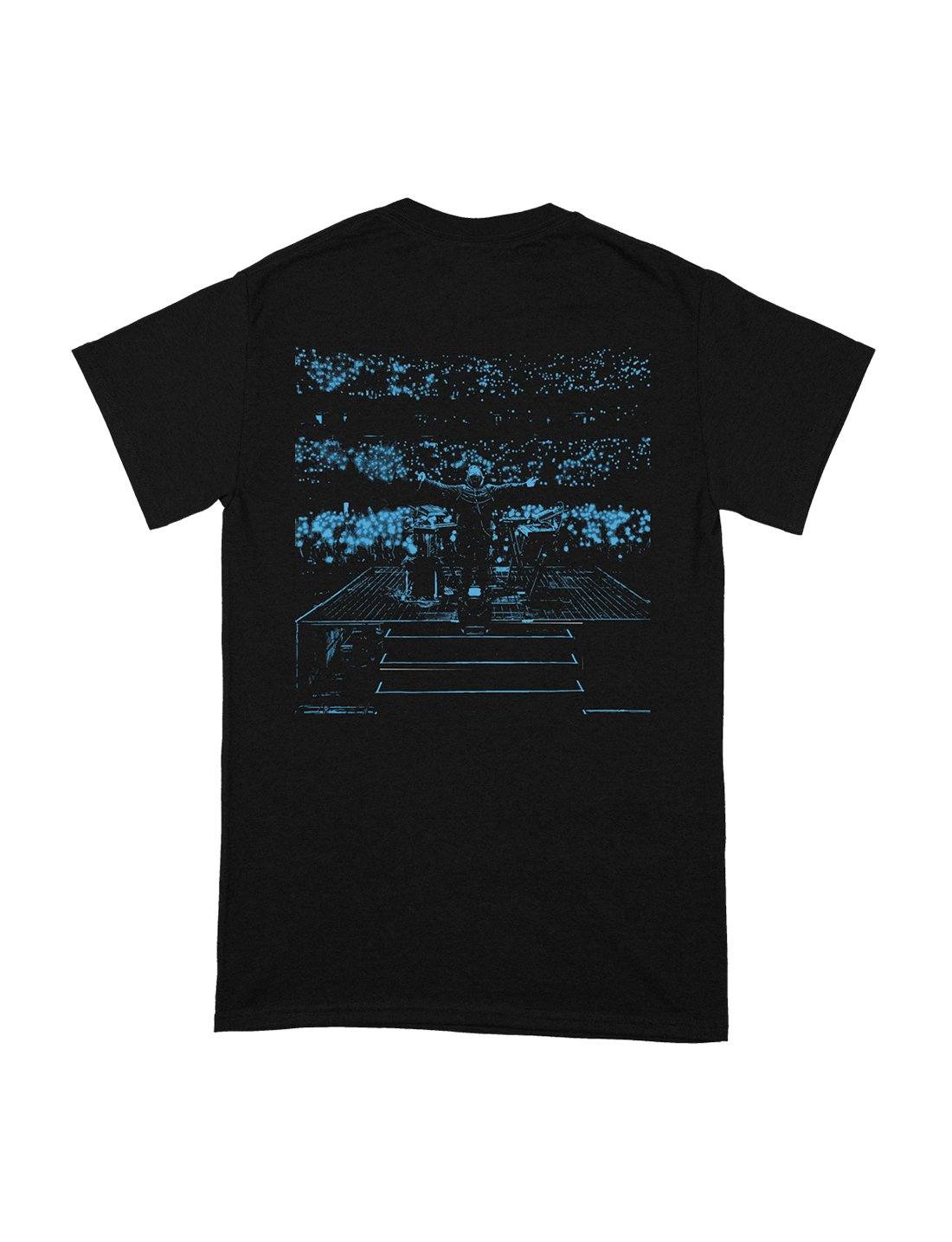 The back of the Alan Walker Sorry Tee displays a captivating cyan blue crowd and stage graphic, reminiscent of a vibrant Alan Walker concert.