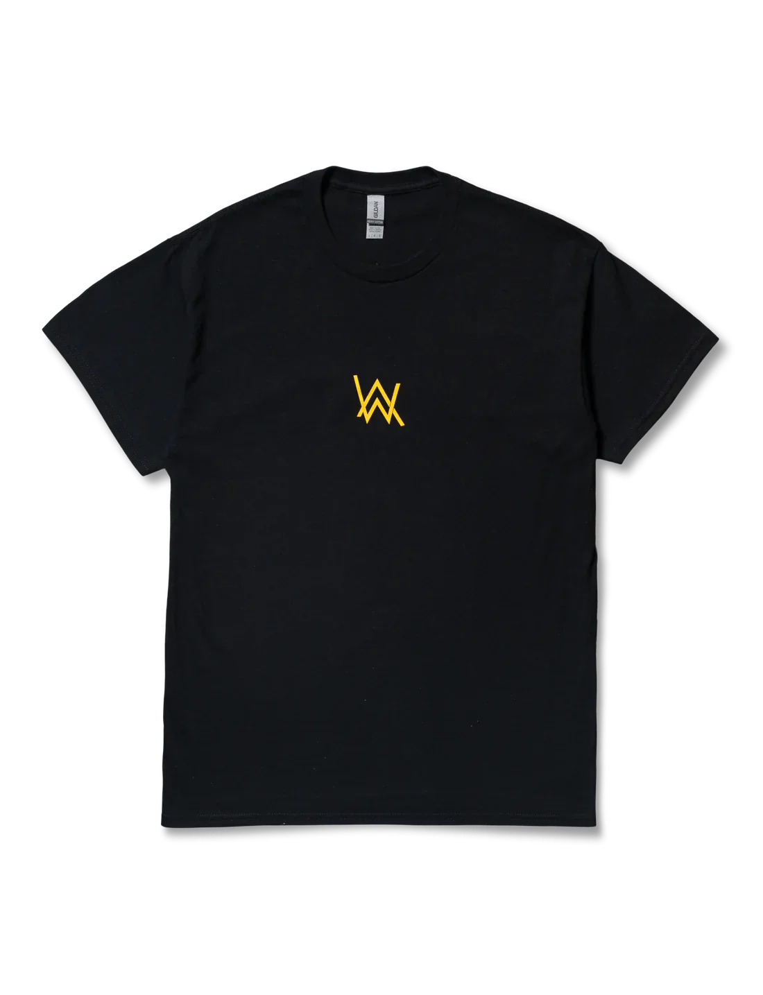 Black crew neck t-shirt with a small golden Alan Walker logo centered on the chest.