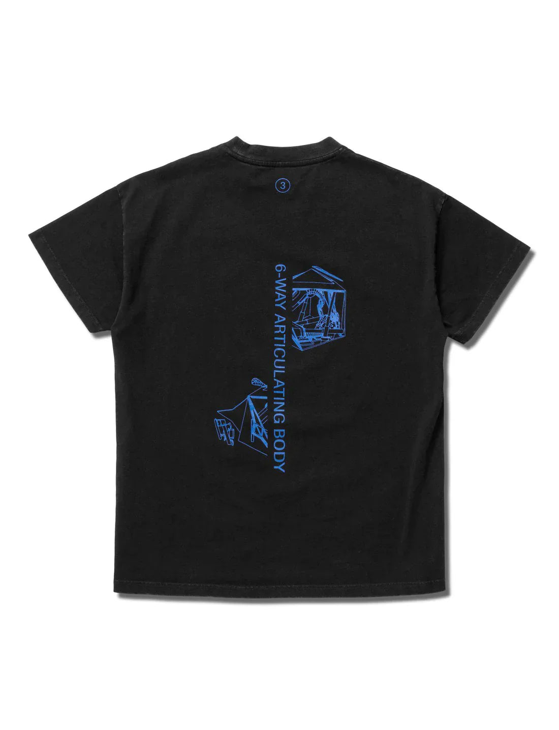 Back view of Alan Walker's black Drone Repair Shop T-shirt featuring a blue hexagonal drone graphic and technical text, presented on a clean white background.