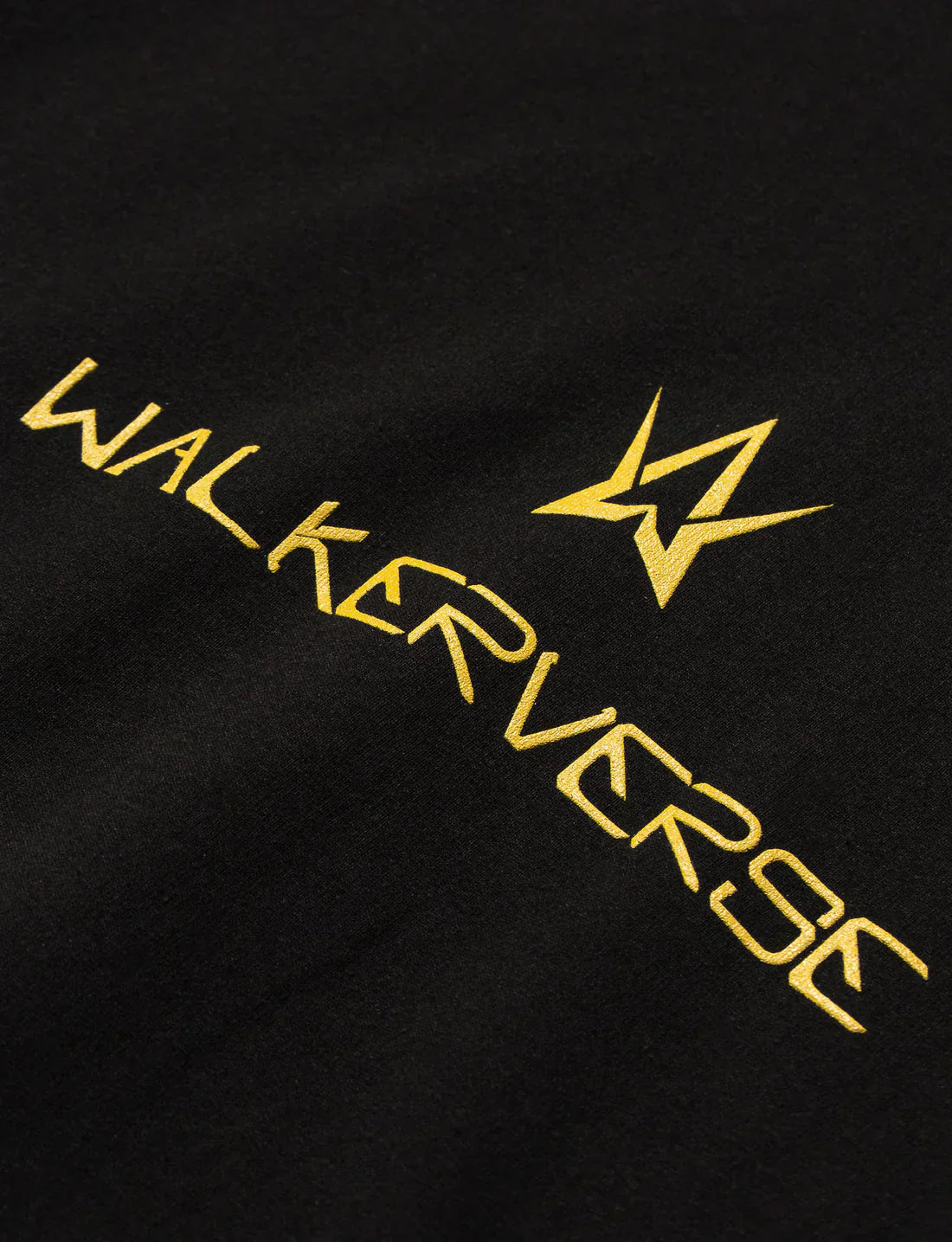 Close-up view of the 'Walkerverse' lettering in yellow on the Alan Walker Hoodie, emphasizing the brand's futuristic aesthetic.