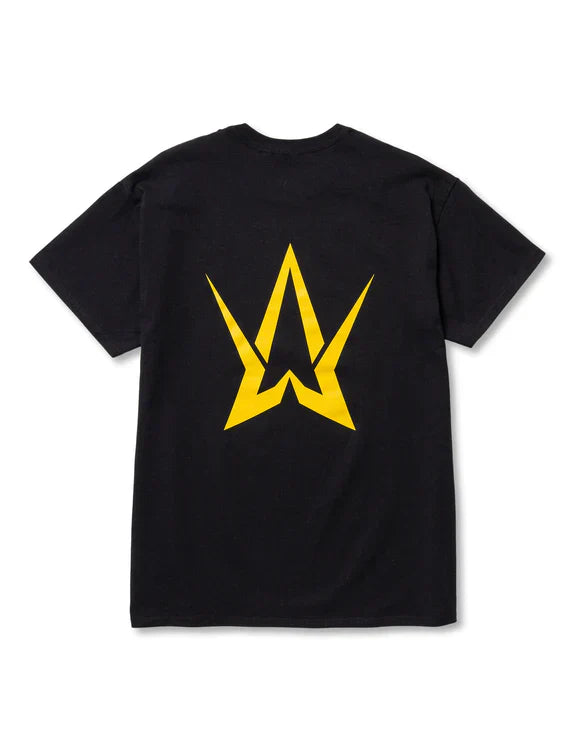 The back of the Black Walkerverse 2.0 T-Shirt displays a large, bold Alan Walker symbol in yellow, making a statement.