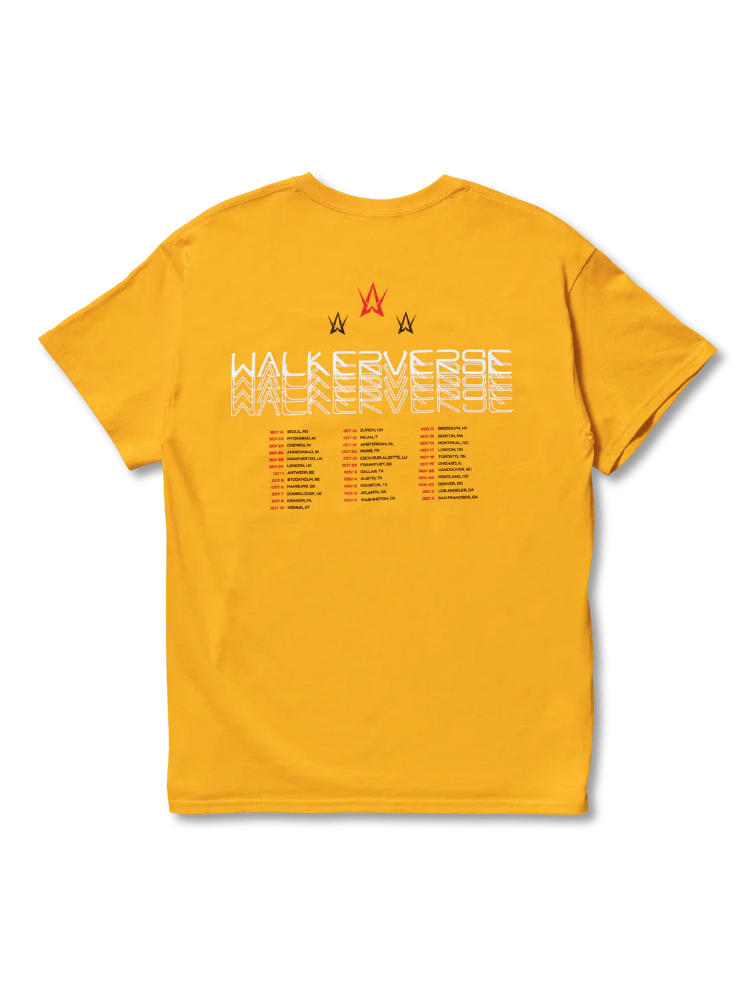Back view of a yellow t-shirt with 'Walkerverse' printed in large white letters, accompanied by tour dates listed below in white and orange, and three red Alan Walker logos above.