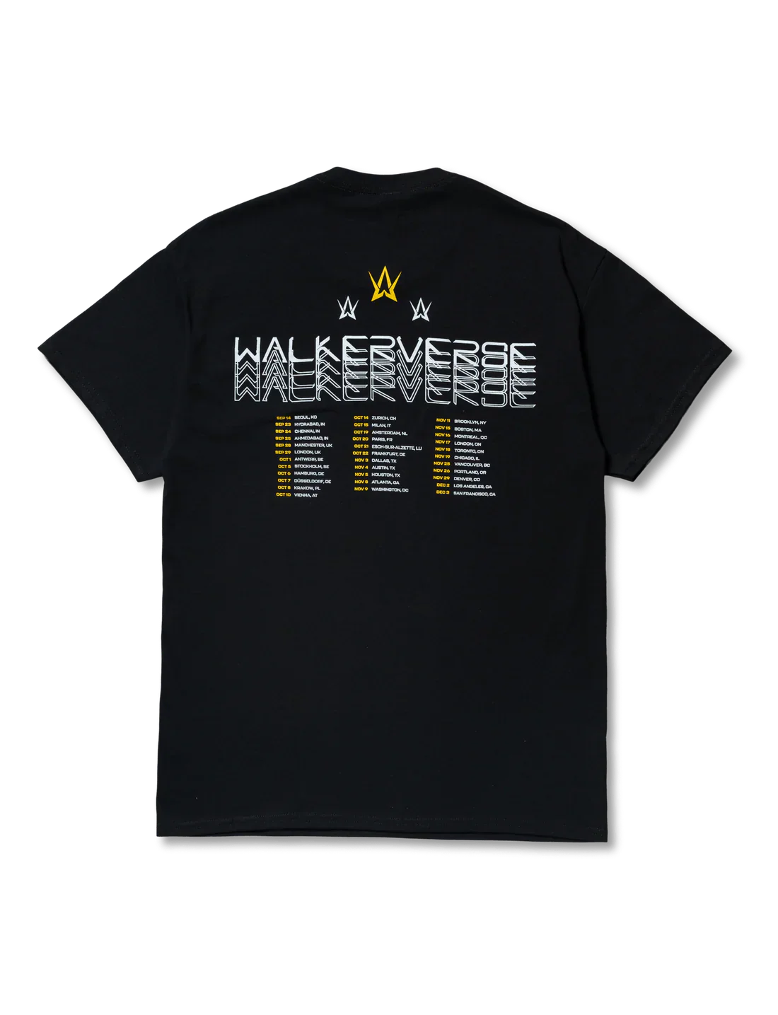 Back view of a black t-shirt with 'Walkerverse' in white stylized text above a tour date list in white and golden text, flanked by three golden Alan Walker logos.