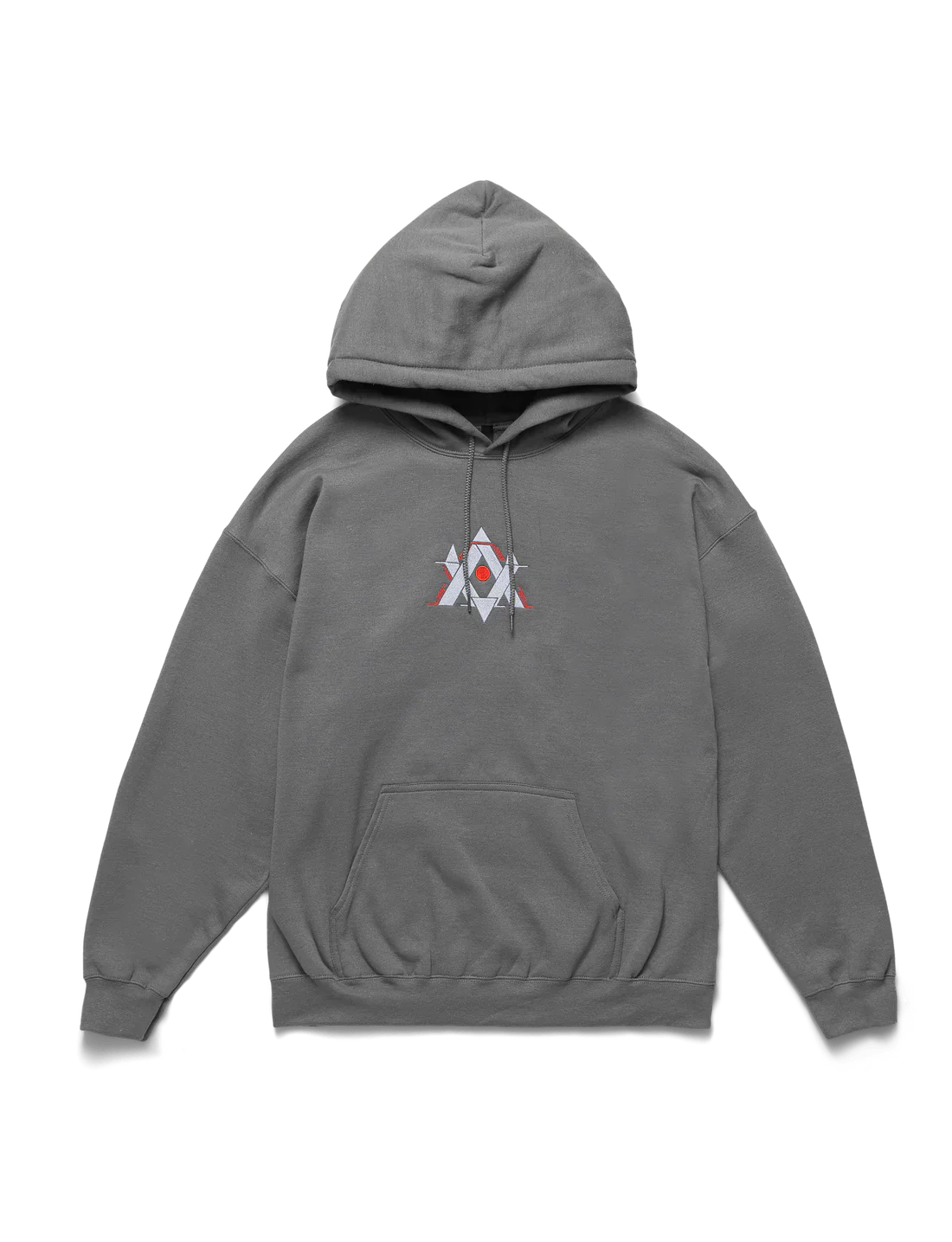 Sleek charcoal-gray hoodie front view with minimalist red and white gaming-inspired emblem and Alan Walker logo.