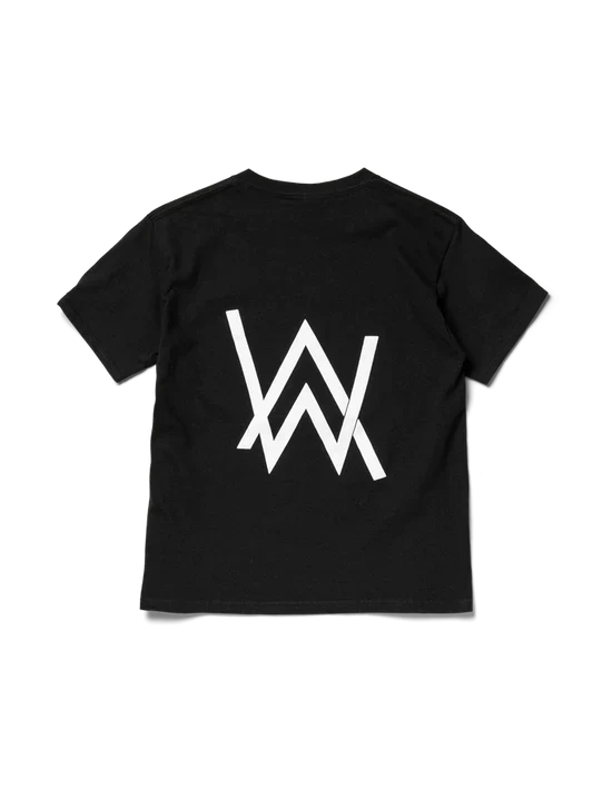 Back view of the kids black t-shirt with a large white Alan Walker logo, merging style with fan pride.