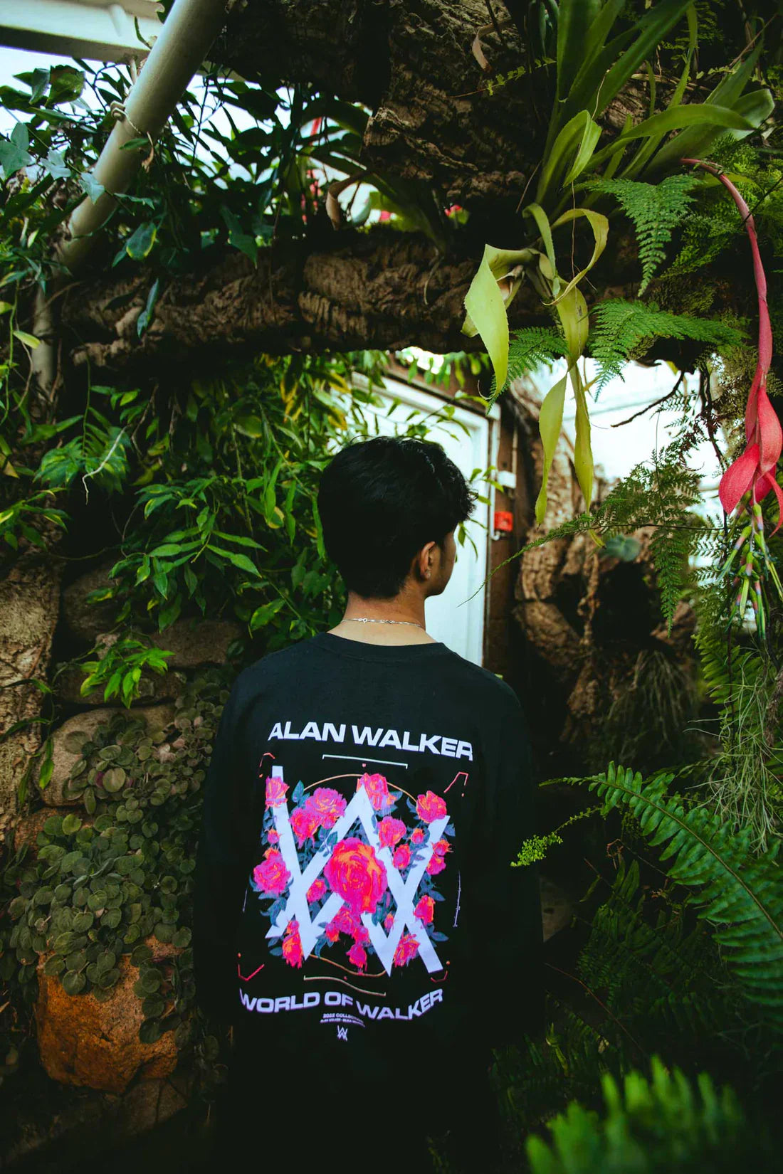 Back view of a person showcasing the bold Alan Walker rose logo on the Melting Rose Longsleeve, set against a vibrant greenhouse backdrop.