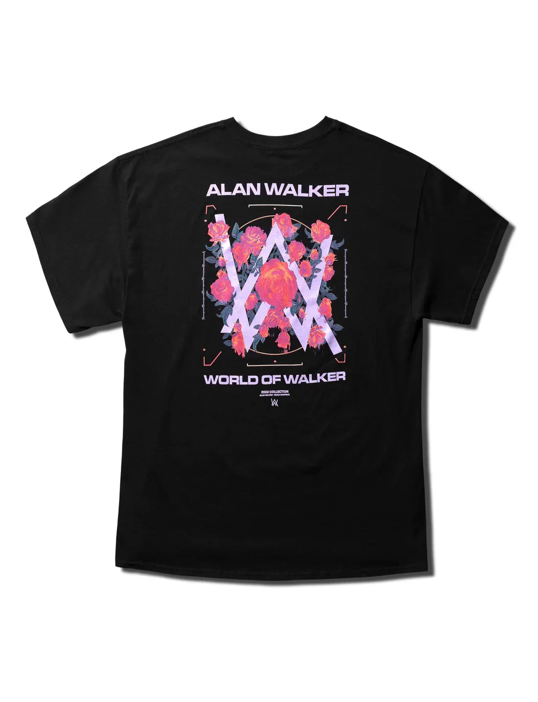 Vibrant Alan Walker melting rose graphic on the back of the black T-shirt, a statement piece from the World of Walker collection.