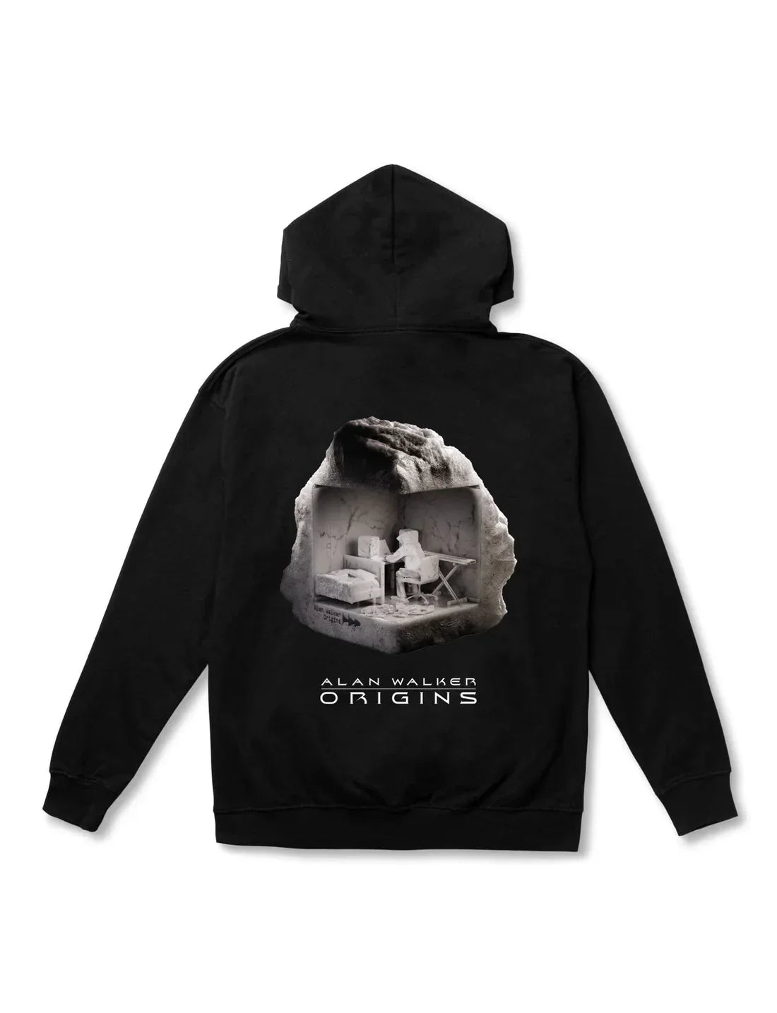 Back view of the Origins Fan Hoodie showcasing a striking Alan Walker monochromatic graphic and 'Origins' lettering.