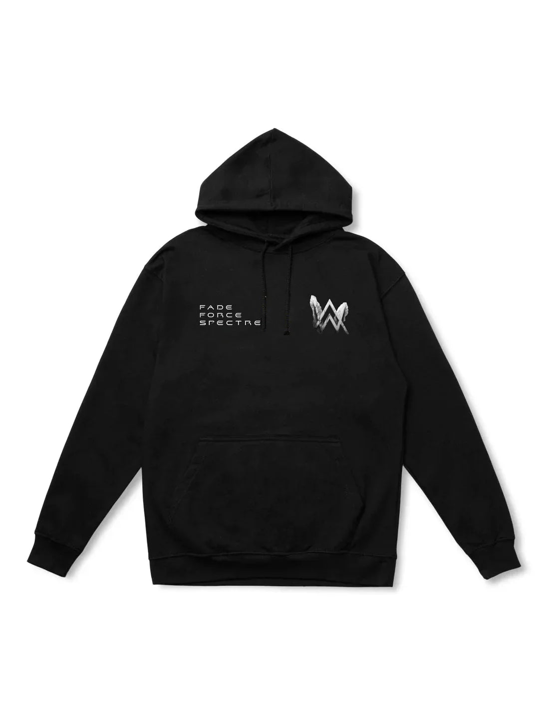 Front view of the Origins Fan Hoodie featuring the Alan Walker logo and 'Fade Force Spectre' text in a minimalistic design.