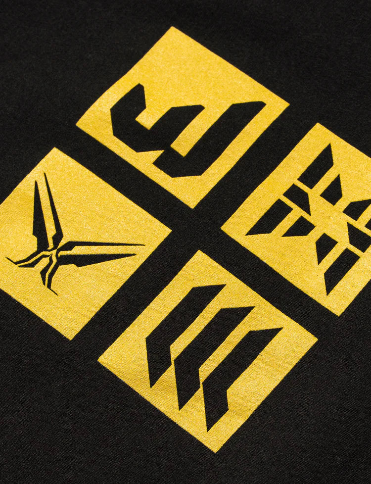Detailed close-up of the Black Walkerverse 2.0 Hoodie's back with intricate golden emblem design.