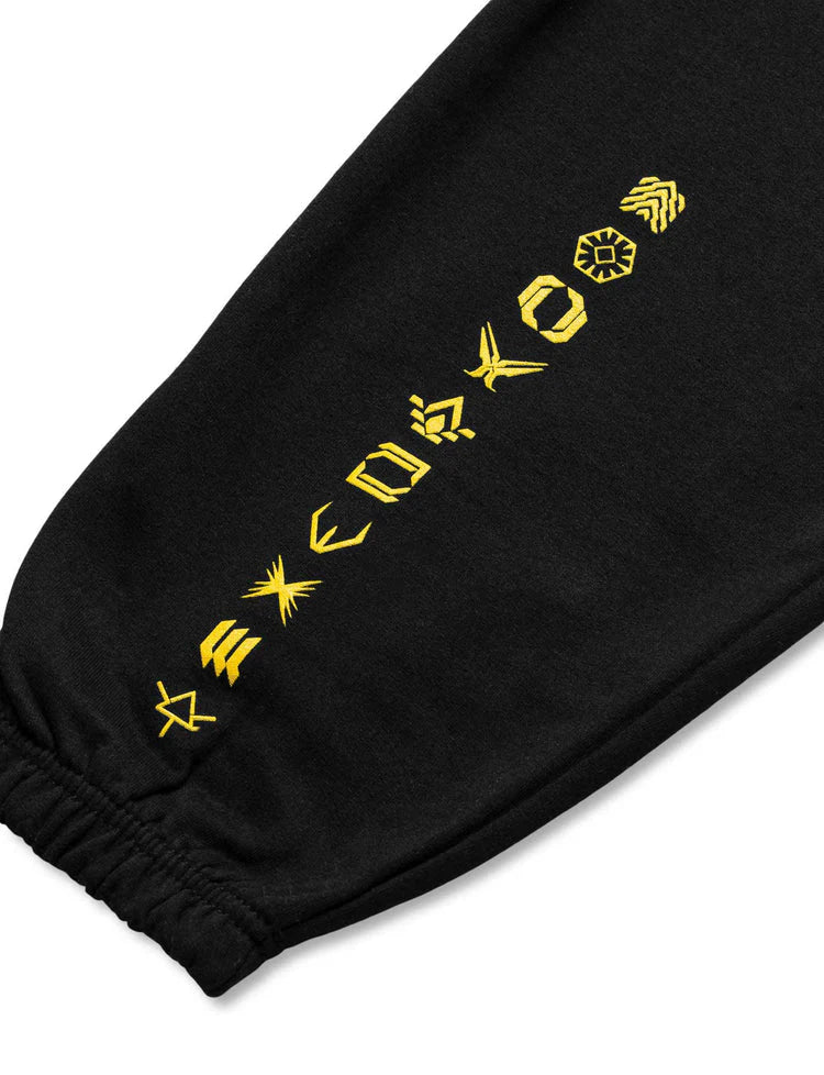 Vertical logo design on the black Walkerverse theme sweatpants leg.