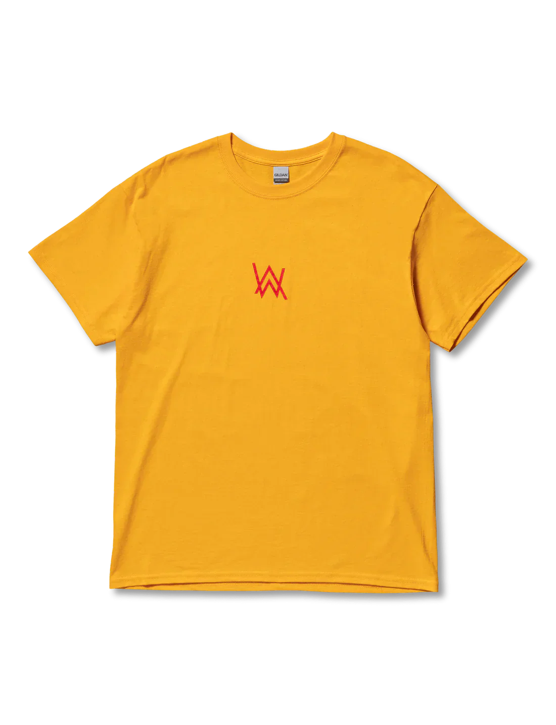 Bright yellow crew neck t-shirt with a small red Alan Walker logo on the left chest area.