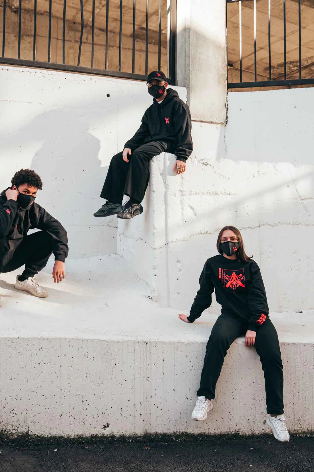 Group of trendy individuals posing in Alan Walker AVI-8 Classic Hoodies with signature mask graphics, embodying urban street style.