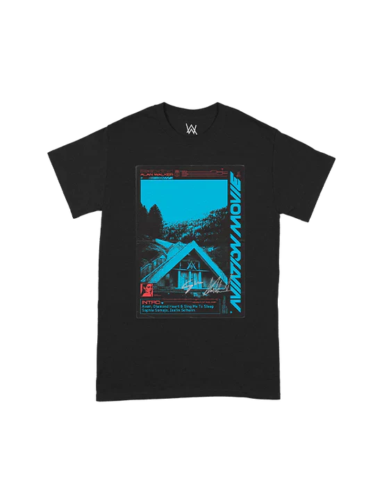 Aviation Movie Intro Tee displaying a unique VHS-inspired graphic with a serene cabin in the woods scene on a black background, topped with the recognizable Alan Walker logo.