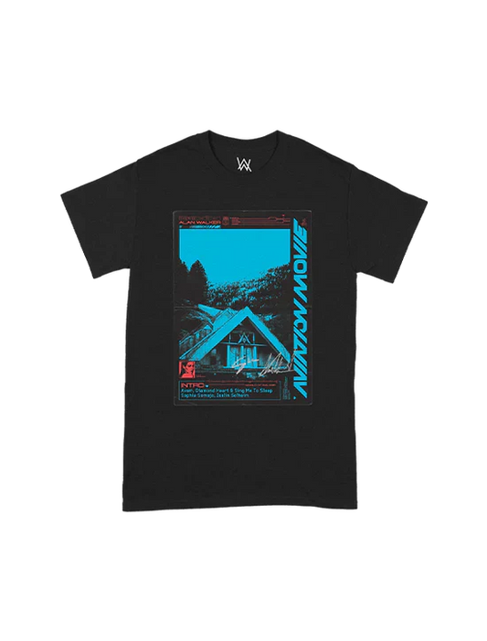 Aviation Movie Intro Tee displaying a unique VHS-inspired graphic with a serene cabin in the woods scene on a black background, topped with the recognizable Alan Walker logo.