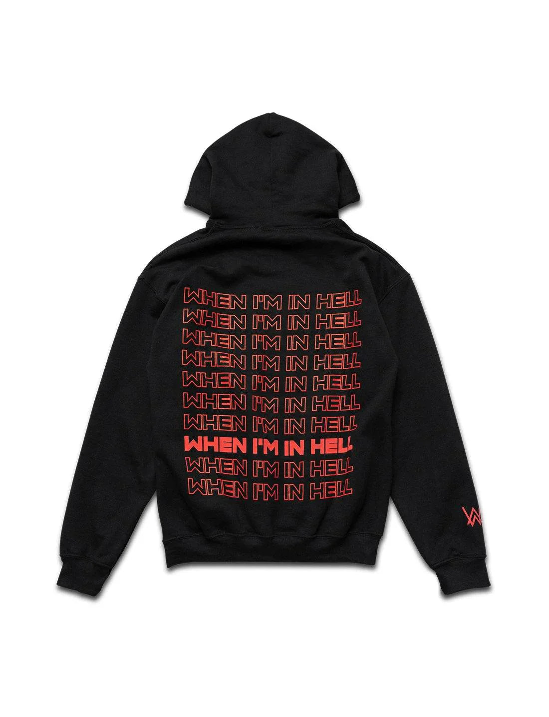 Rear view of the Alan Walker Fake a Smile Hoodie featuring repeated 'WHEN I'M IN HELL' lyrics in a bold red font down the back, with the Alan Walker logo on the right sleeve.