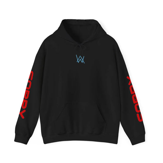 Model wearing the Alan Walker Sorry Song Hoodie, showcasing the blue logo on the chest and 'SORRY' in red on the sleeves.