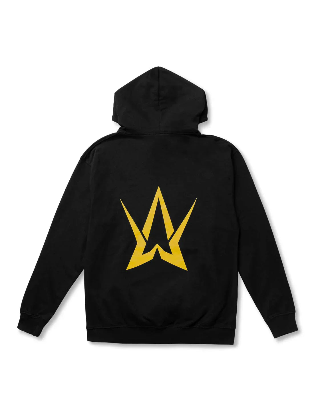 Back of the Alan Walker Walkerverse Hoodie showcasing a large yellow Alan Walker logo, a signature piece of the exclusive merchandise line.