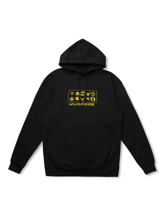 Alan Walker Walkerverse Hoodie in black, featuring a unique yellow glyph design on the chest representing the 'Walkerverse' concept.