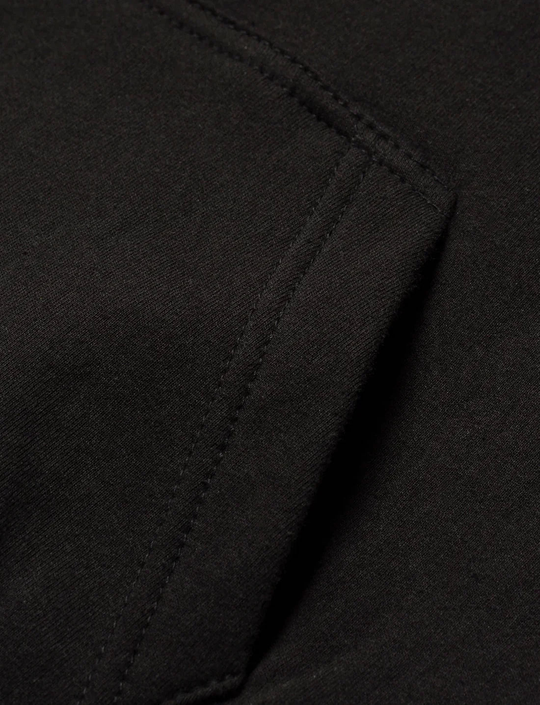 Close-up of the black Walkerverse Hoodie's kangaroo pocket detailing, showcasing the fine stitch work and fabric texture.