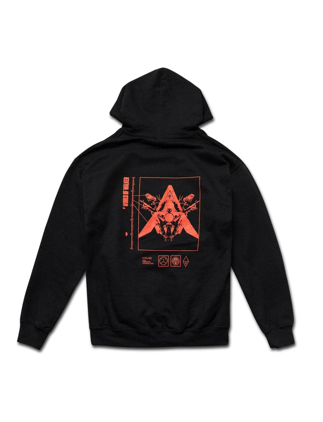 Rear view of the Alan Walker black hoodie featuring an intricate orange graphic print of the 'World of Walker'.
