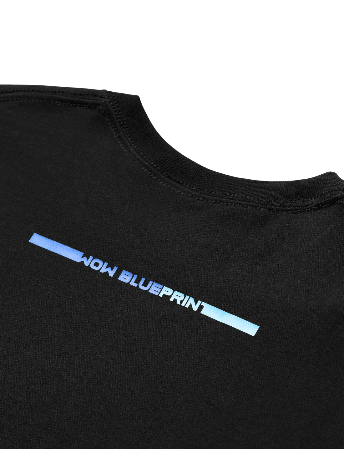Detail of the blue 'WOW BLUEPRINT' text printed on the back shoulder area of a black Alan Walker Blueprint T-Shirt, with a focus on the contrast between the print and fabric.
