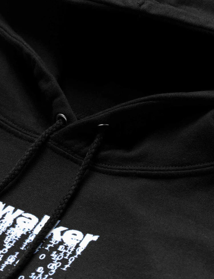 Hoodie's drawstring detail with 'alan walker' digital rain graphic, showcasing meticulous design elements.