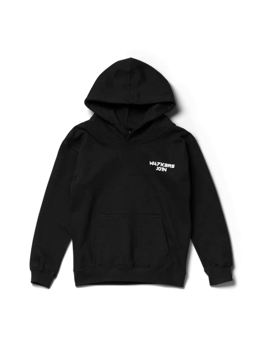 Kids black hoodie with a discreet 'W4LK3RS JOIN' slogan on the front, part of the Alan Walker collection.