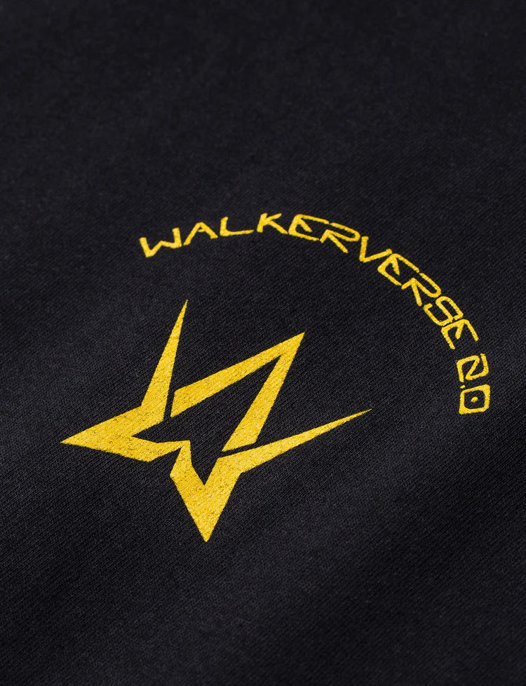 Detailed view of the Black Walkerverse 2.0 T-Shirt's front with the 'Walkerverse 2.0' curved logo in golden yellow.
